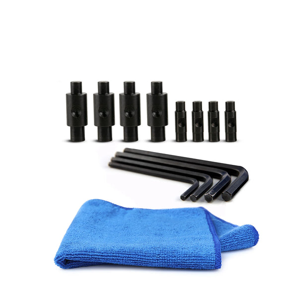 Rhino Gland Nut Wrench Replacement Parts: Set of 8 secured pins in multiple sizes, 4 Allen hex keys, and a blue microfiber cleaning cloth - Essential maintenance hardware for 1266 and 7463 hydraulic tools.