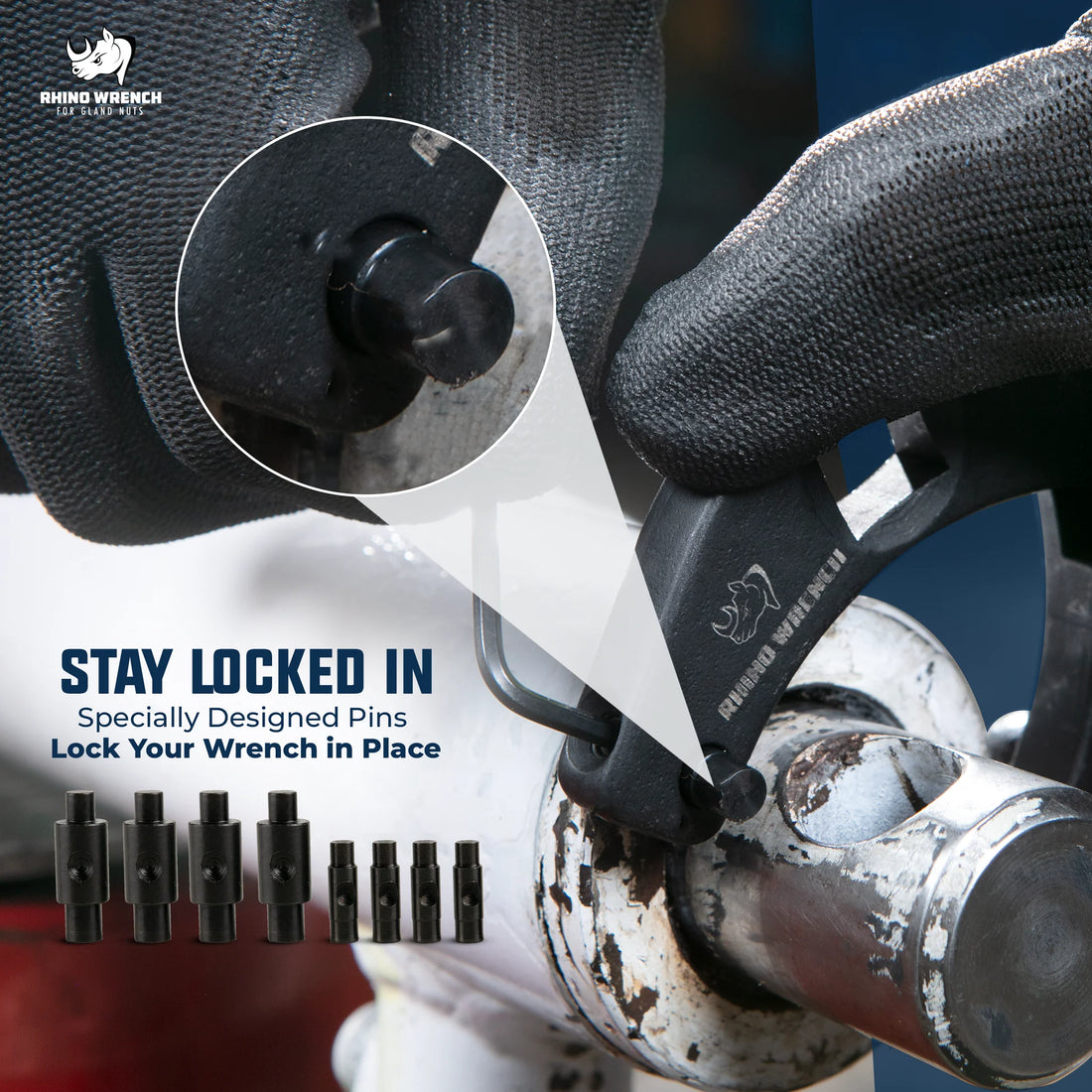 Rhino Gland Nut Wrench with Secured Locking Pins: Specially designed pins lock the wrench in place to prevent slipping during high-torque hydraulic cylinder repairs - Includes 8 interchangeable pin sizes.