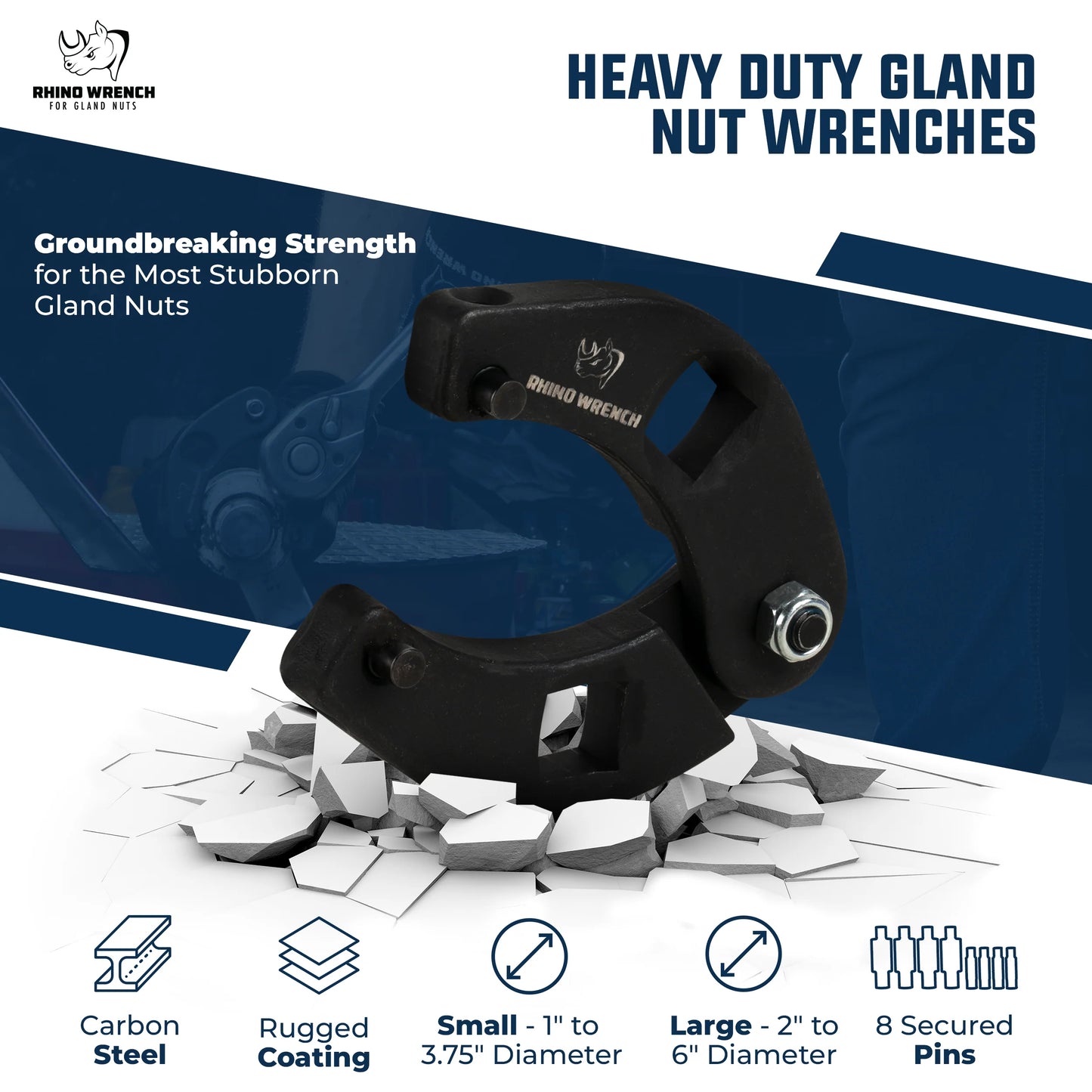 Rhino Heavy Duty Gland Nut Wrench Set: 1266 and 7463 style carbon steel wrenches with rugged coating - Fits gland nuts from 1" to 6" diameter - Includes 8 secured pins for hydraulic cylinder repair.