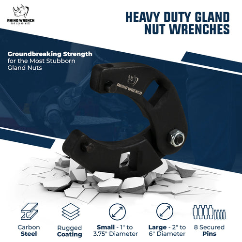 Rhino Heavy Duty Gland Nut Wrench Set: 1266 and 7463 style carbon steel wrenches with rugged coating - Fits gland nuts from 1" to 6" diameter - Includes 8 secured pins for hydraulic cylinder repair.