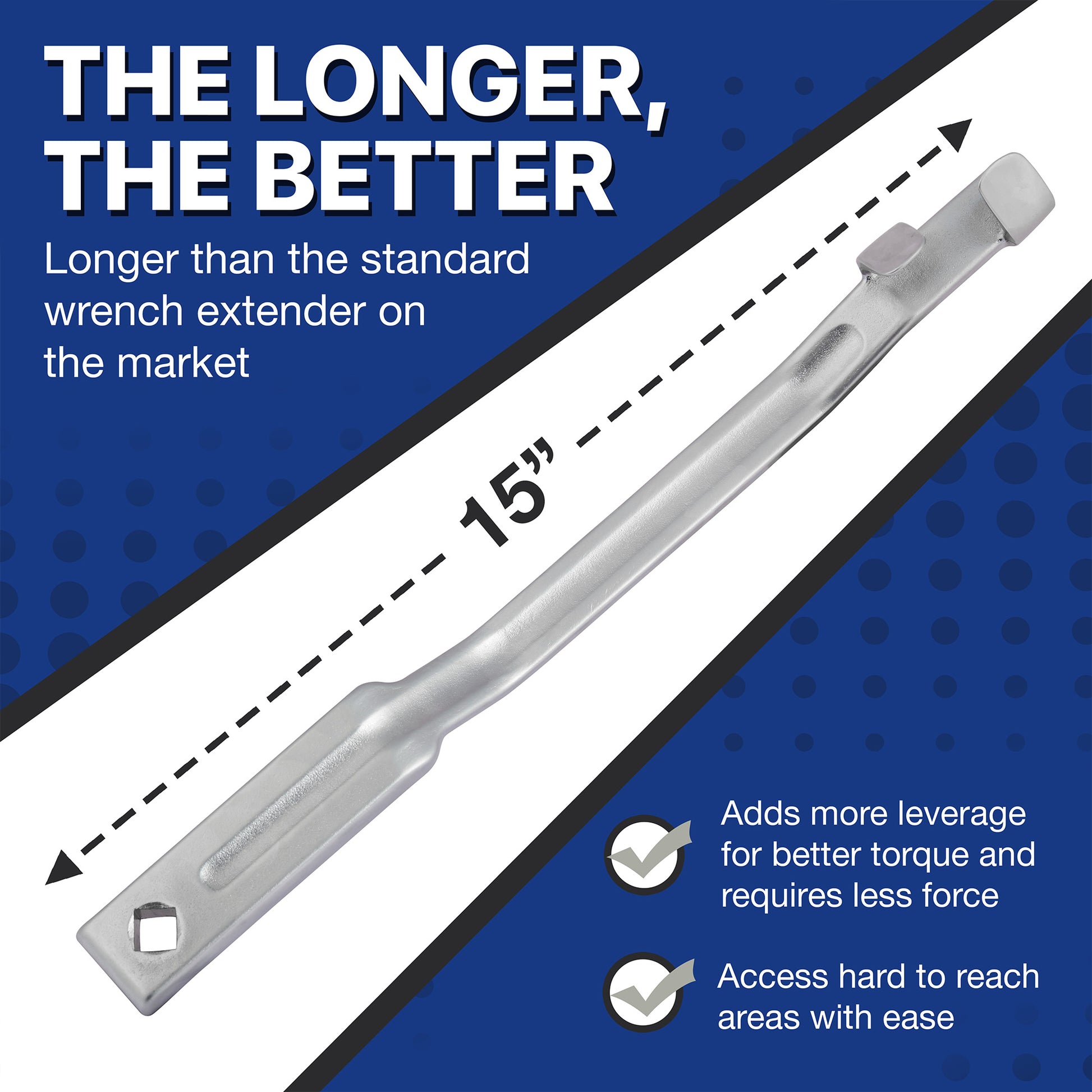 Extra Long 15-inch Wrench Extender Bar: Longer than standard market extenders for maximum leverage and torque - Heavy-duty forged steel tool for hard-to-reach automotive bolts - Rhino Direct.