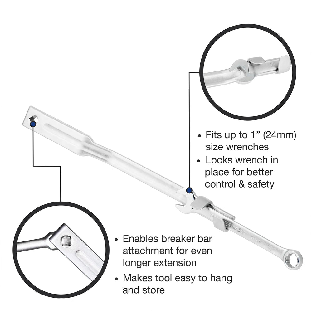 Rhino Wrench Extender Infographic: Universal adaptor fits up to 1-inch ($24\text{mm}$) wrenches - Features $1/2$ inch square drive for breaker bar attachment - High-leverage tool for mechanical and automotive repair.