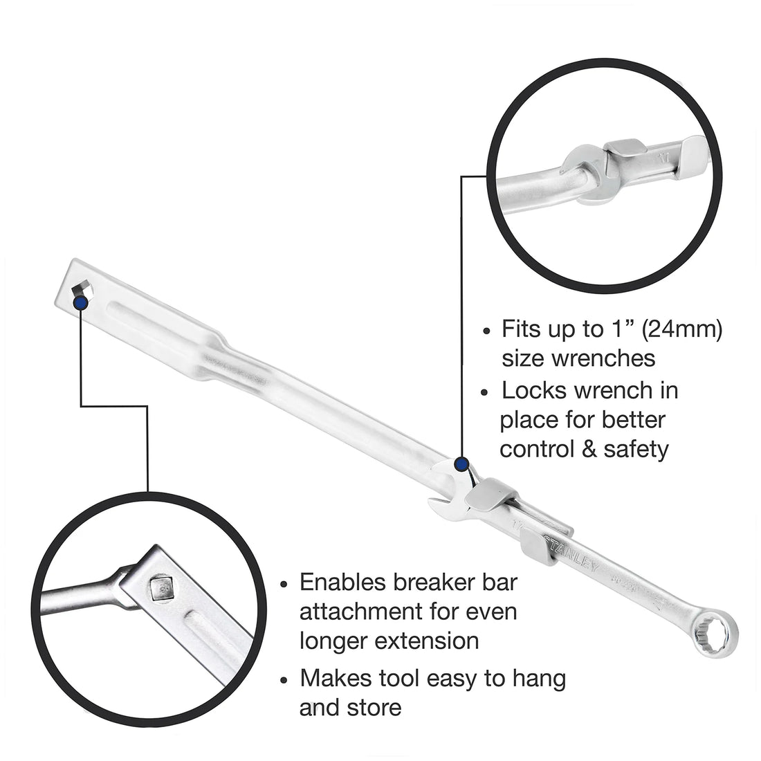 Rhino Wrench Extender Infographic: Universal adaptor fits up to 1-inch ($24\text{mm}$) wrenches - Features $1/2$ inch square drive for breaker bar attachment - High-leverage tool for mechanical and automotive repair.