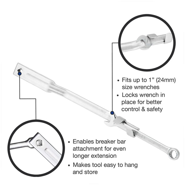 Rhino Wrench Extender Infographic: Universal adaptor fits up to 1-inch ($24\text{mm}$) wrenches - Features $1/2$ inch square drive for breaker bar attachment - High-leverage tool for mechanical and automotive repair.