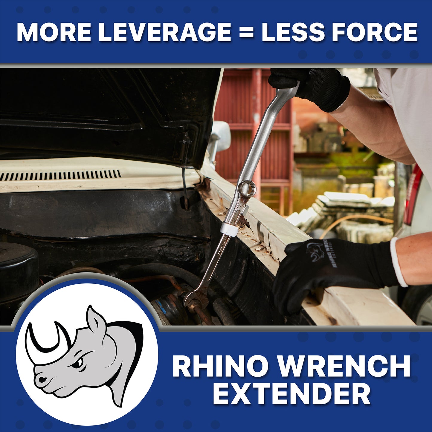 Rhino Wrench Extender in use: How to get more leverage with less force in tight engine bays - Professional automotive torque-boosting tool for removing seized bolts and nuts - Rhino Direct.