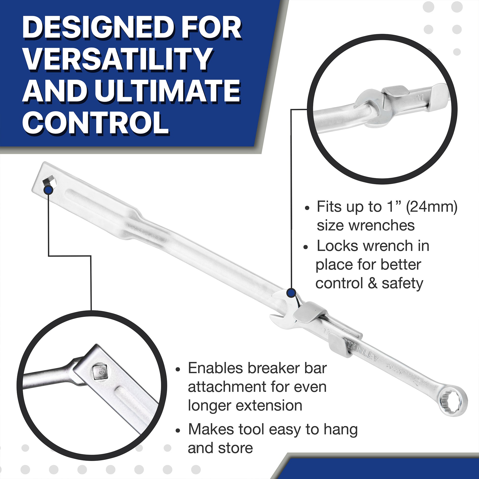Rhino Wrench Extender Technical Features: Forged steel bar with 1/2-inch square drive for breaker bars - Fits wrenches up to 1 inch (24mm) with secure locking jaws for ultimate control - Rhino Direct.