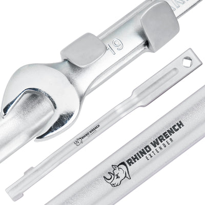 Rhino Wrench Extender Bar: Technical close-up showing the 19mm wrench attachment and torque-boosting leverage mechanism - Heavy-duty forged steel tool for breaking loose rusted bolts.