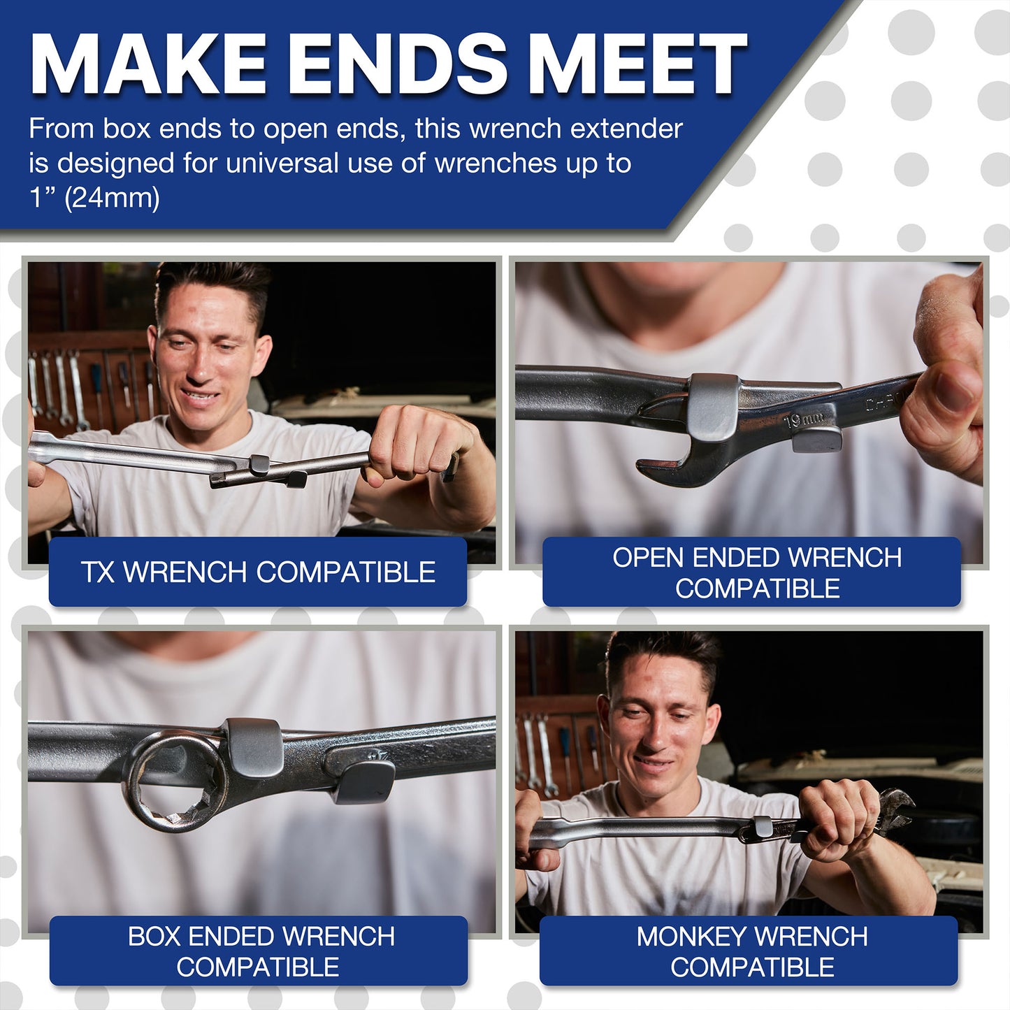 Universal Wrench Extender Compatibility Guide: Works with Box End, Open End, TX, and Monkey Wrenches up to 1 inch (24mm) - Forged steel torque multiplier for professional automotive use - Rhino Direct.
